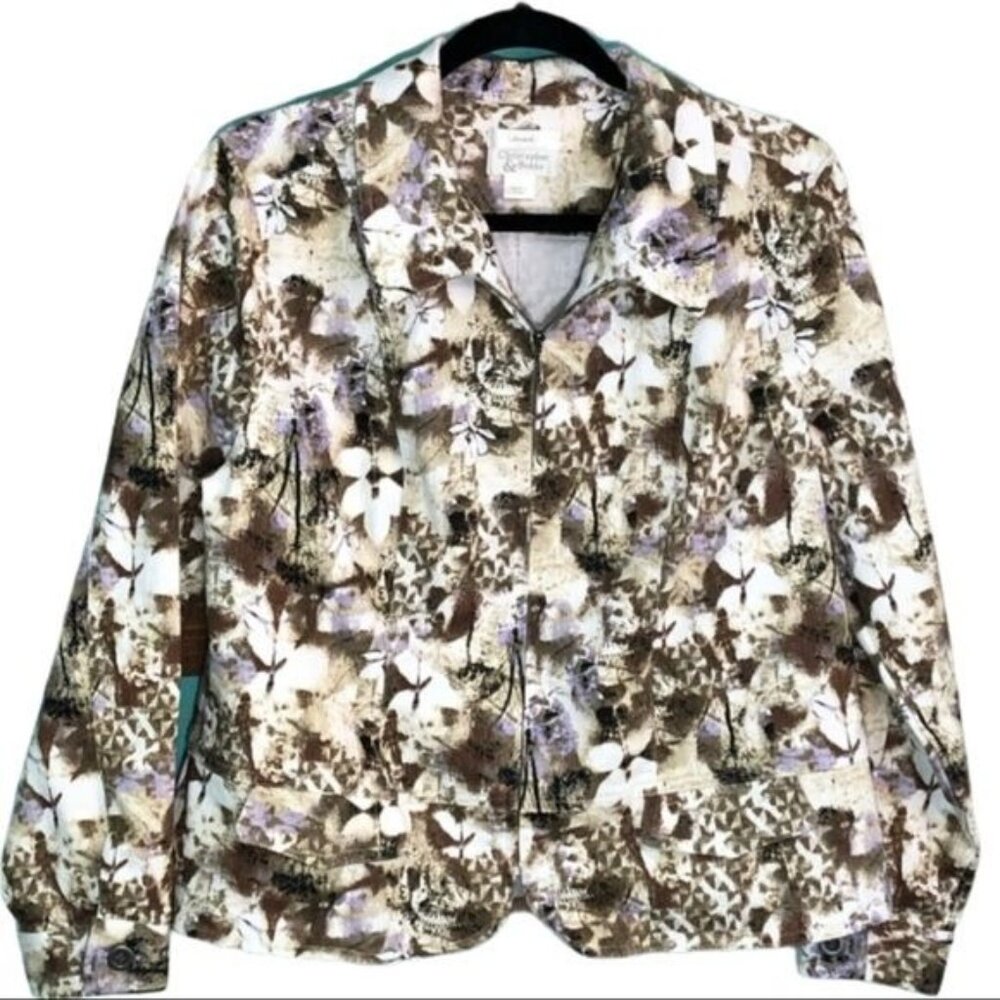Christopher & Banks Stretch Floral Print Jacket Womens size Large Cream Green